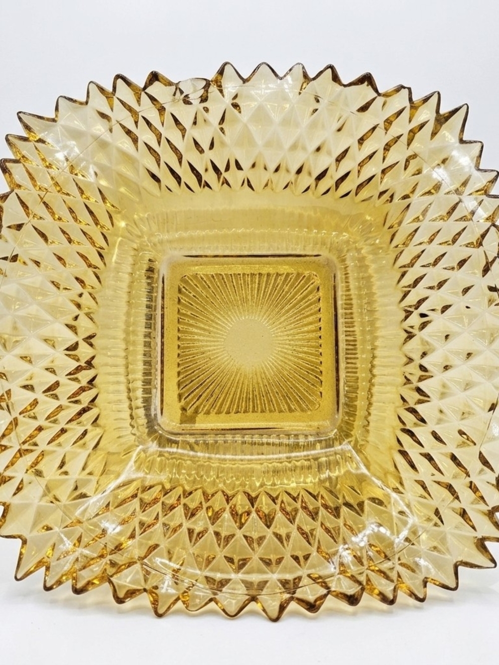 Vintage Amber Glass Square Starburst Dish Sawtooth Rim